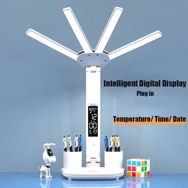 3In1 Multifunctional Desk Lamp LED Desk Lamp Four-Head Folding with Fan Calendar Clock USB Rechargeable Reading Office Desk Lamp