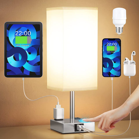 【Upgraded】Bedside Table Lamp Touch Control, with USB C+A Charging Ports & Dual AC Outlets, 3-Way Nightstand Lamp for Bedroom with Lampshade Living Room Office(Led Dimmable Bulb Included)