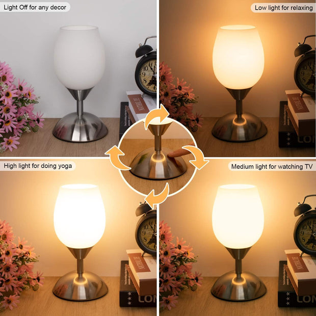 Small Touch Lamp for Bedroom Nightstand, 3-Way Dimmable Small Bedside Lamps Opal Glass Desk Lamp Silver Base, Ambient Lighting Tiny Lamp for Small Spaces Table Lamp for Living Room, E12 Bulb Included