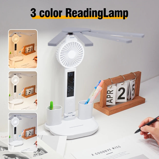 3In1 Multifunctional Desk Lamp LED Desk Lamp Four-Head Folding with Fan Calendar Clock USB Rechargeable Reading Office Desk Lamp