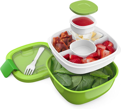 Salad Container - 54 Oz Bowl with 4-Compartment Toppings Tray, Leak-Proof Dressing Container, Reusable Fork, Bpa-Free Lunch Box for Meal Prep & Food Storage; Removable Bento Tray (Green)